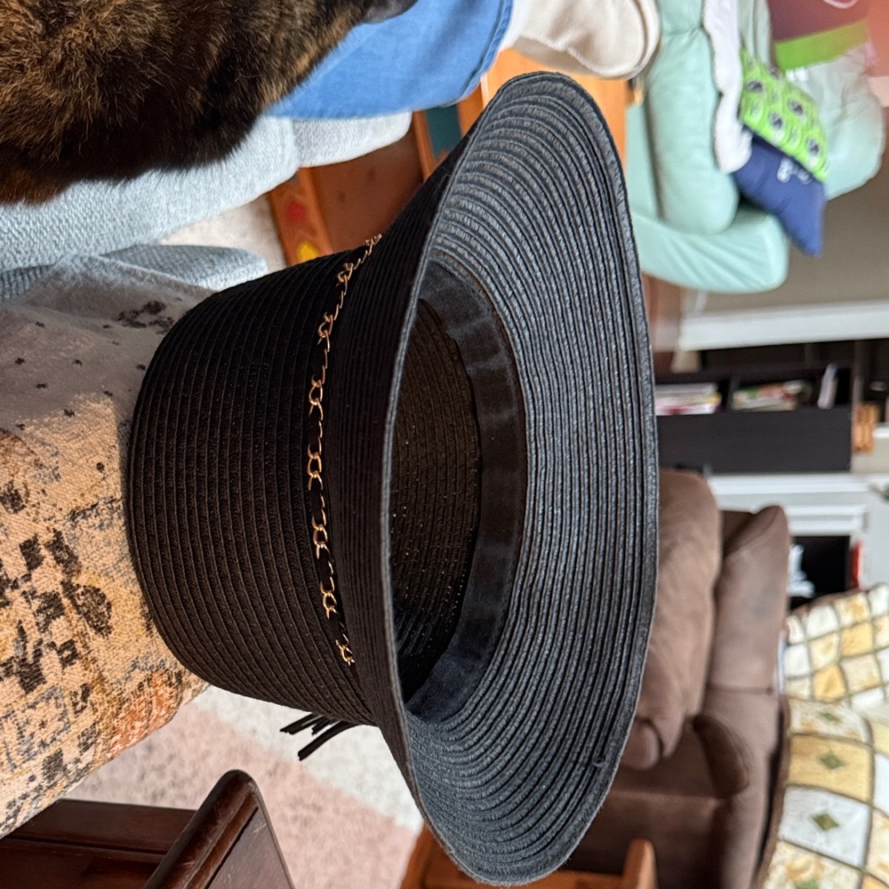 H by Halston Black Wide-Brim Hat with Gold Chain and clack leather tassel.